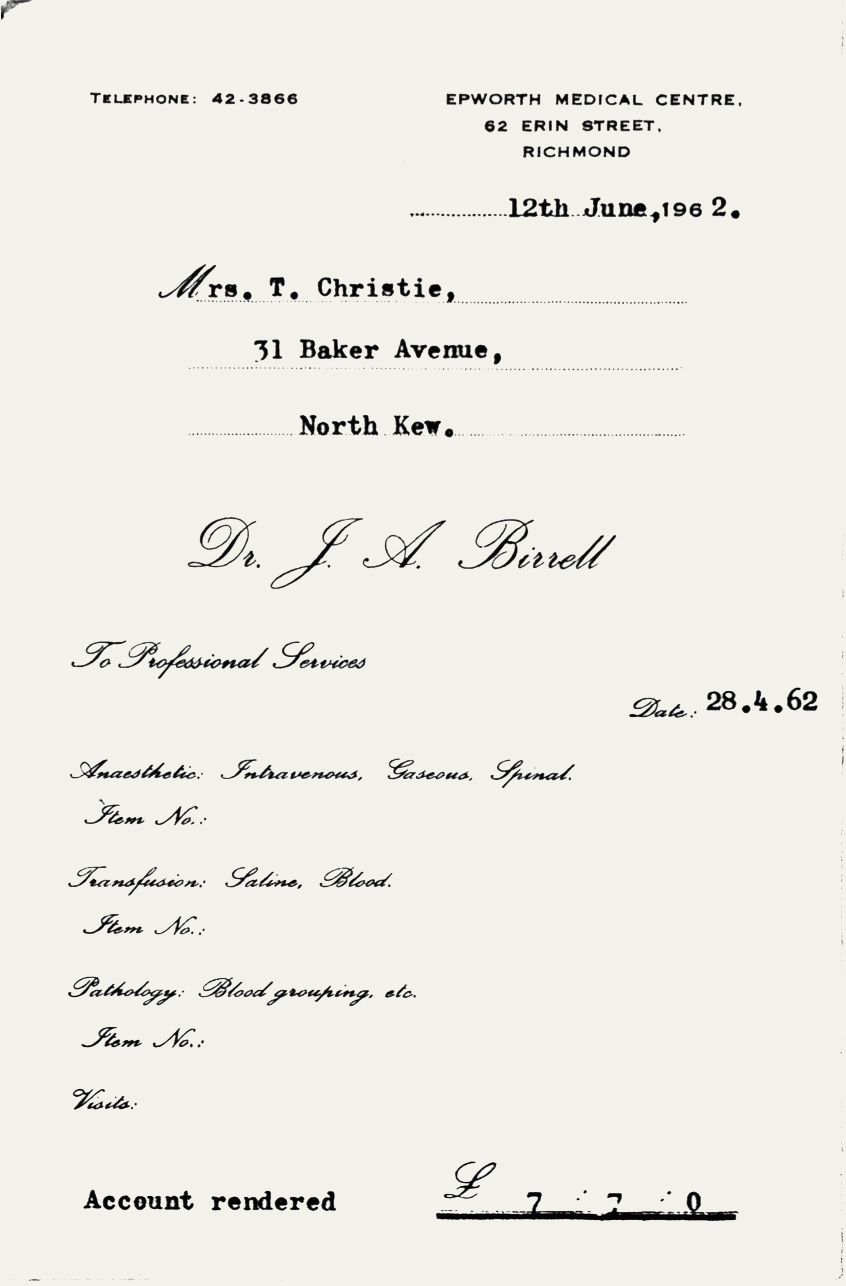 Account in Dr. Birrell's hand